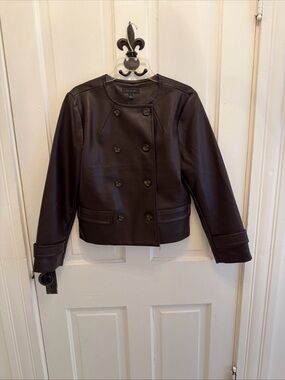 NEW ANN TAYLOR $189 FAUX LEATHER CROPPED DOUBLE BREASTED JACKET SZ M BROWN